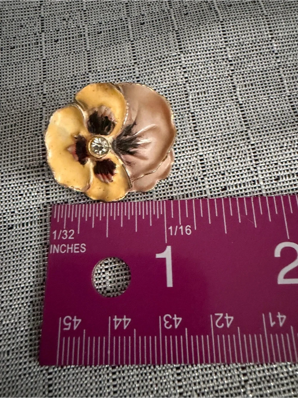 Vintage Pansy Flower Brooch - Yellow and Brown with Rhinestone Center